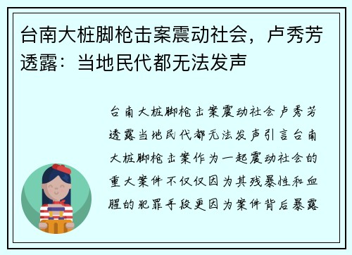 台南大桩脚枪击案震动社会，卢秀芳透露：当地民代都无法发声