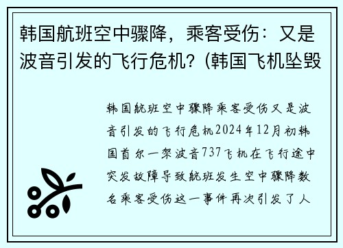韩国航班空中骤降，乘客受伤：又是波音引发的飞行危机？(韩国飞机坠毁事件)