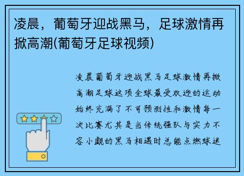 凌晨，葡萄牙迎战黑马，足球激情再掀高潮(葡萄牙足球视频)